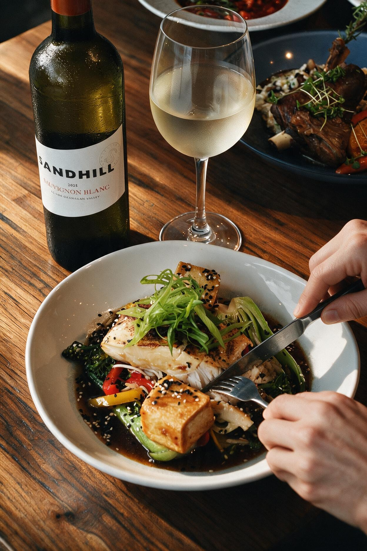Grilled fish and vegetables with sesame seeds, a glass of white wine, and a Sandhill Sauvignon Blanc bottle on a restaurant table