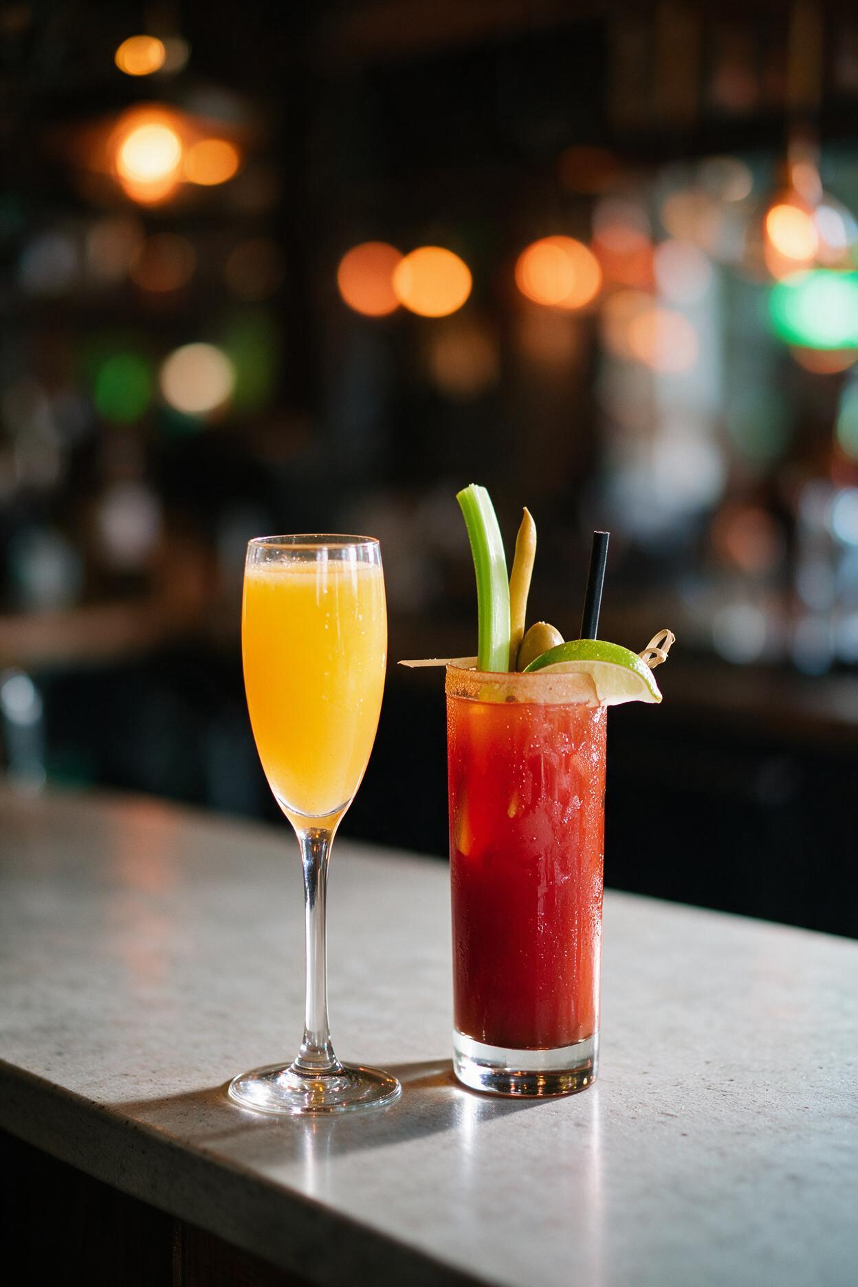 Orange mimosa and garnished Bloody Mary cocktail on a bar counter