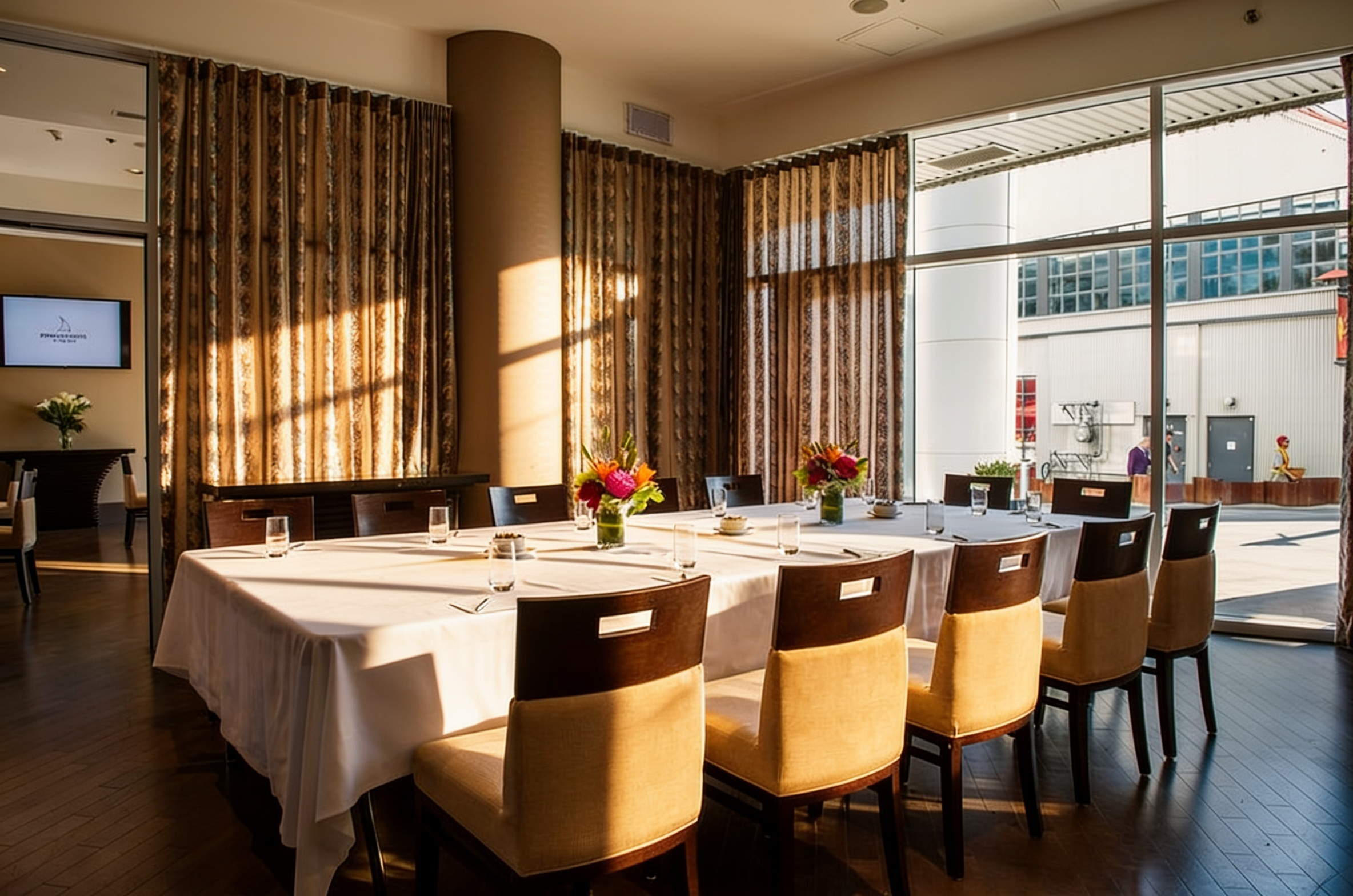 Elegant private dining room with white tablecloths, floral centerpieces, upholstered chairs, patterned curtains, and large windows overlooking a patio