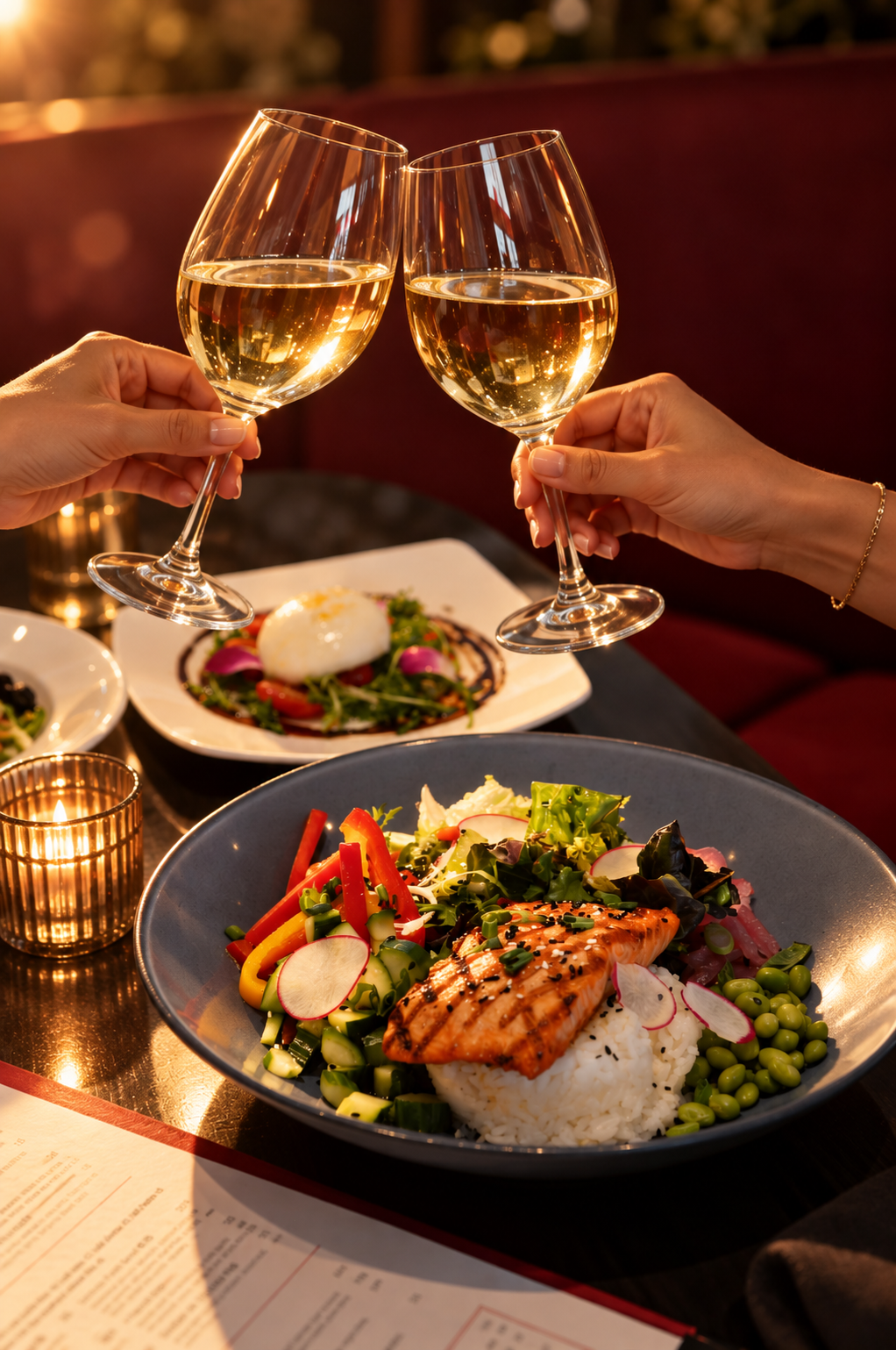 Two people clinking white wine glasses over a restaurant table with grilled salmon, rice, vegetables, and salad.