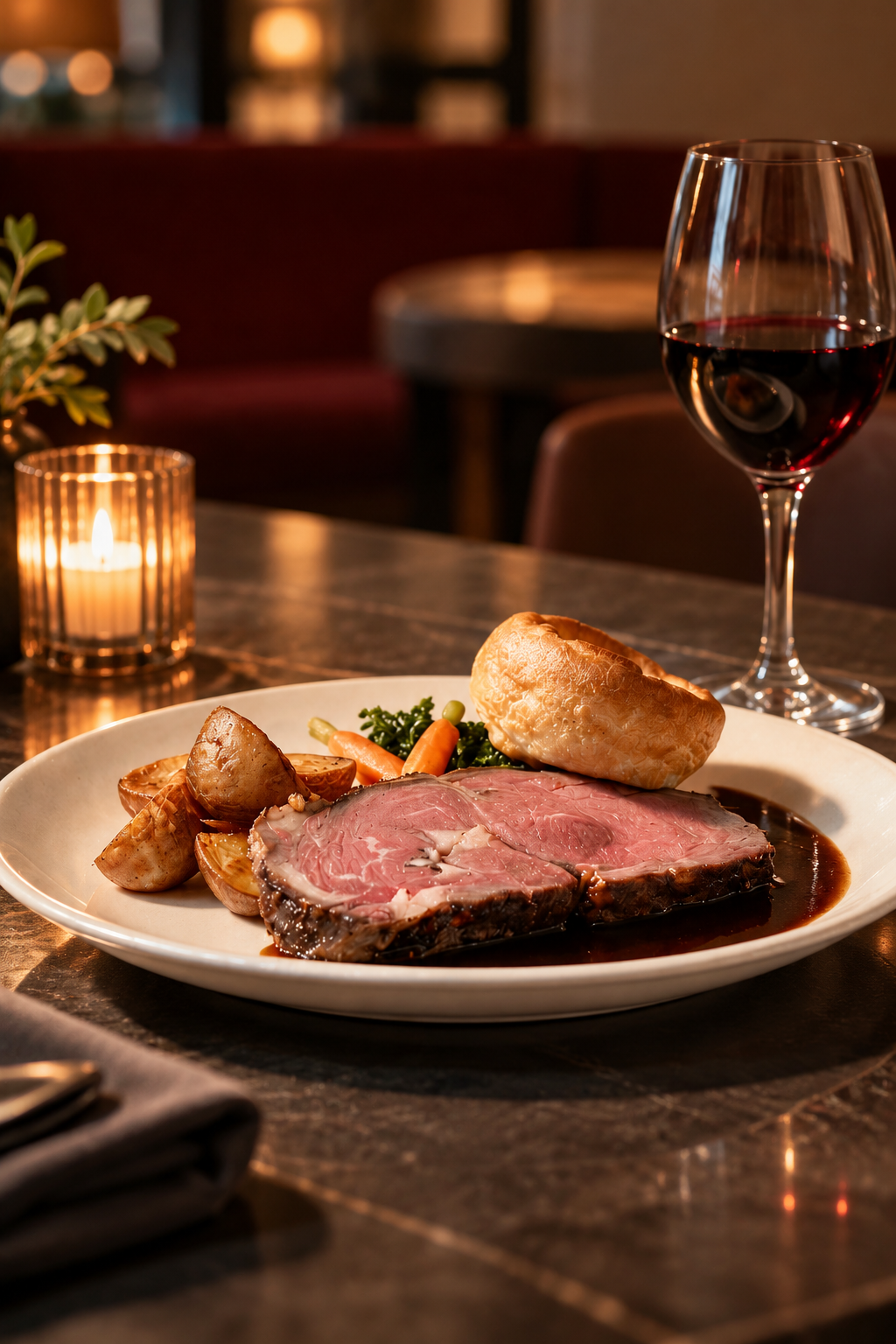 Medium-rare roast beef with roasted potatoes, vegetables, bread, and gravy on a plate beside red wine and a candlelit table