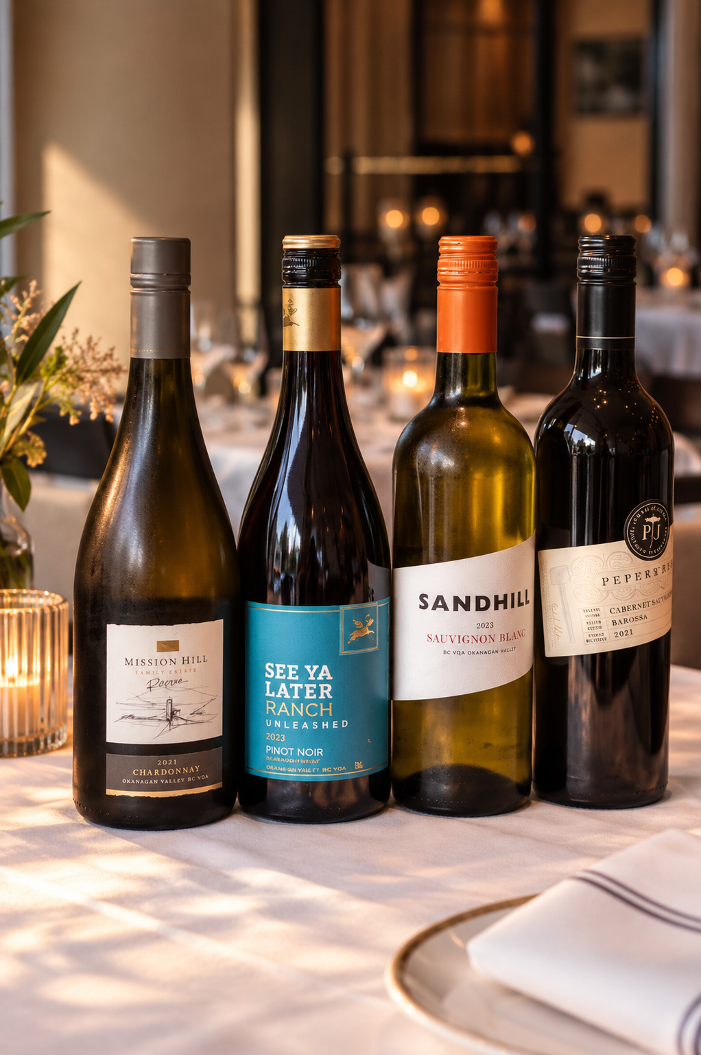 Four wine bottles displayed on a restaurant table, including Chardonnay, Pinot Noir, Sauvignon Blanc, and Cabernet Sauvignon.