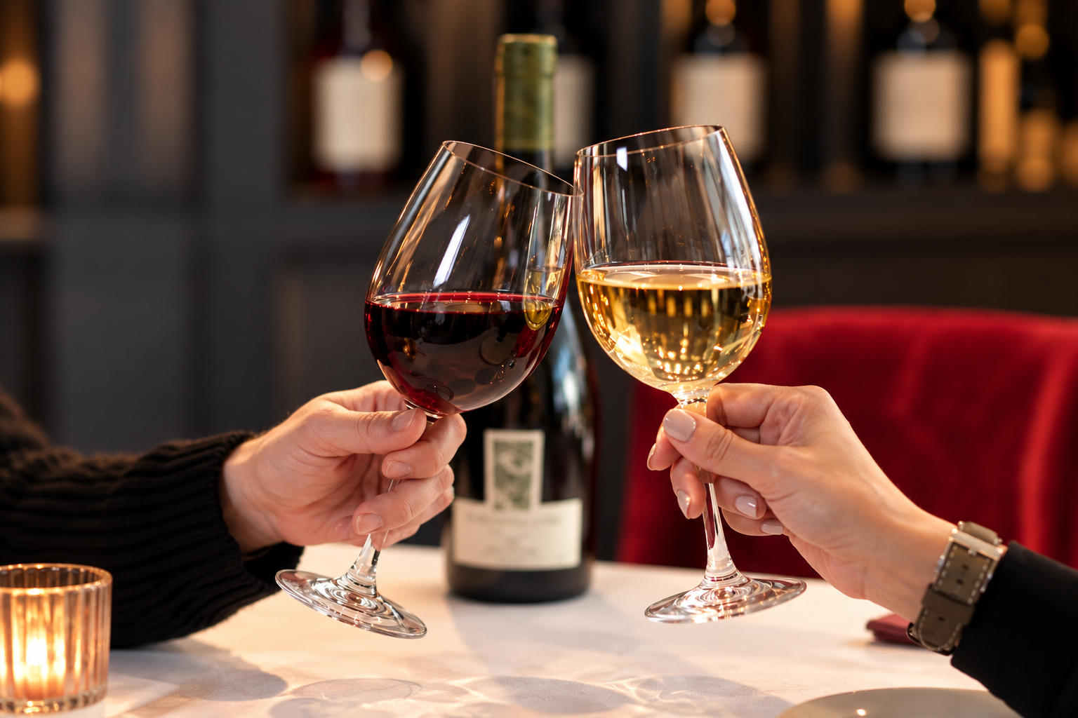 Two people clinking red and white wine glasses at a restaurant table