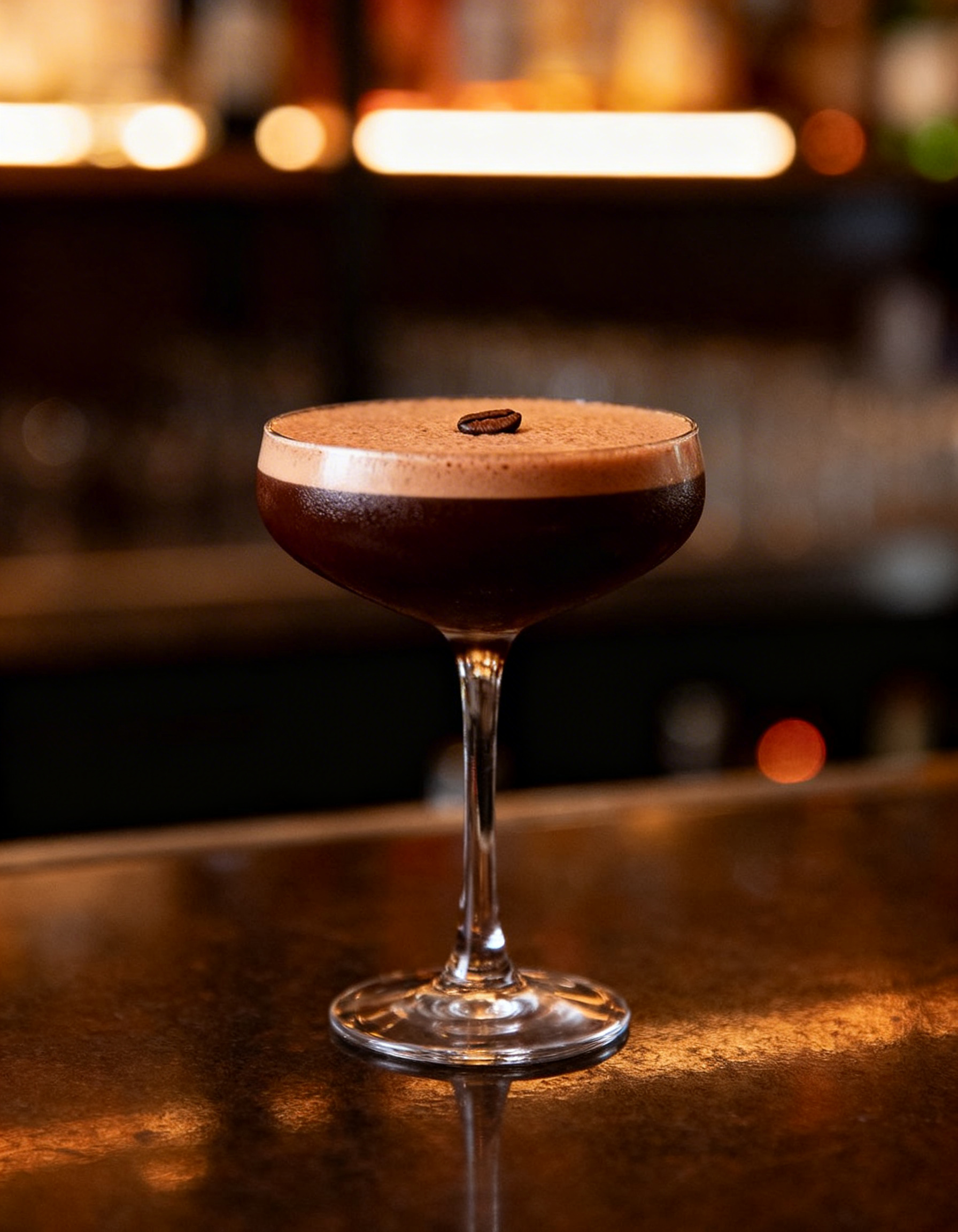 Espresso martini with frothy coffee foam and a coffee bean garnish in a coupe glass on a warmly lit bar.