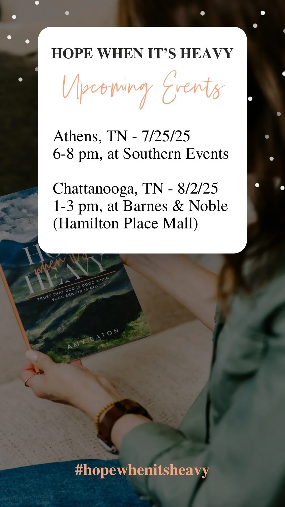 Hi! More fun things coming up in the next couple of weeks! If you’re in the Athens TN or Chattanooga TN areas, I would so love to see you ❤️
July 25th @thesouthernevents 6-8 pm and August 2nd @bnchattanooga 1-3 pm. Thankful for the honor of t