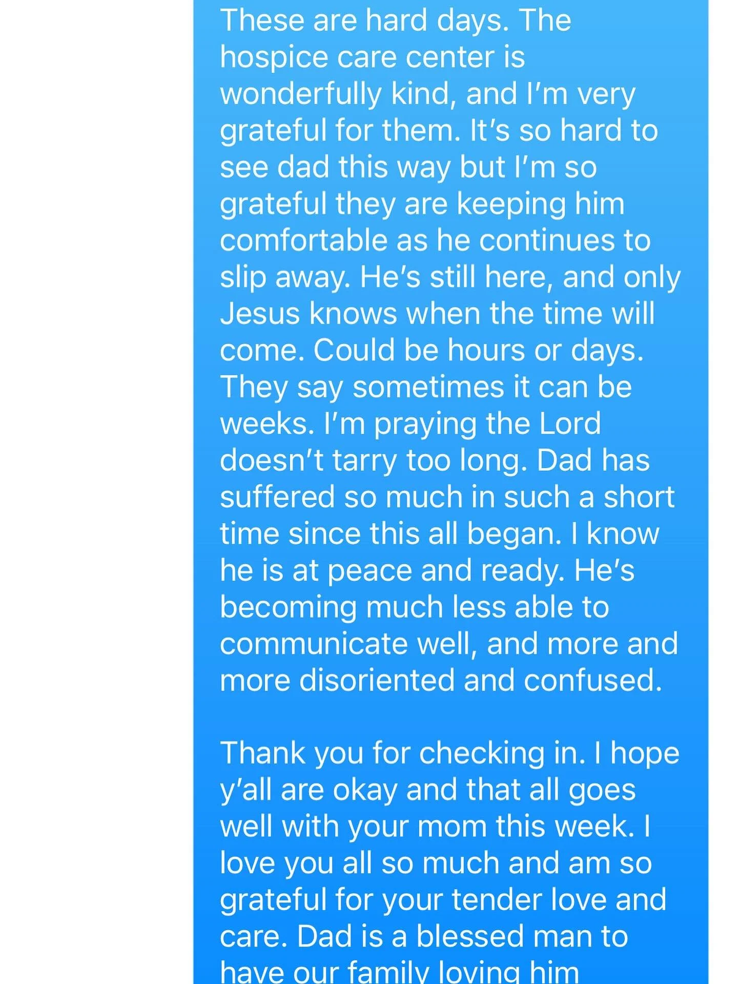 Two years ago I spent my first day in inpatient hospice by my father&rsquo;s side. After four days in the ICU, his body was ready to let go and we went from a constant fury of caring doctors and nurses, noises and machines to a sterile quiet but gent