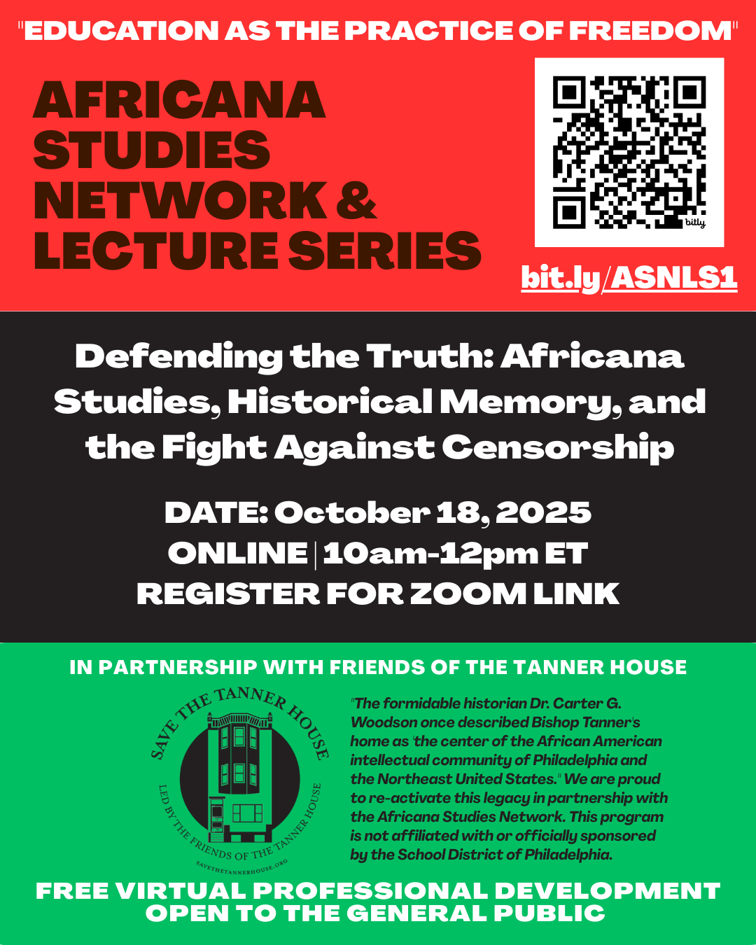 NEW! LAUNCH PARTNER: Friends of the Tanner House x Africana Studies Network & Lecture Series