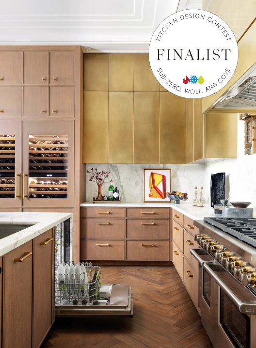 Benjamin Johnston Design, 2026 Sub-Zero Wolf and Cove Kitchen Design Contest Finalist — luxury Houston kitchen with brass cabinetry, herringbone wood floor, and marble backsplash.