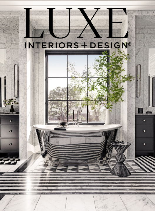 Bathroom with a freestanding black-and-white striped bathtub, large window, green potted plant, black cabinets, and black-and-white geometric patterned floor, with the logo 'Luxe Interiors + Design' above.