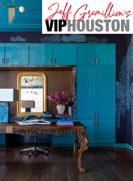 Benjamin Johnston Design featured in VIPHouston for Rizzoli book debut — bold teal lacquered built-ins, ornate carved wood desk, gold gilt mirror, and dramatic floral wallcovering in a luxury Houston home office.

