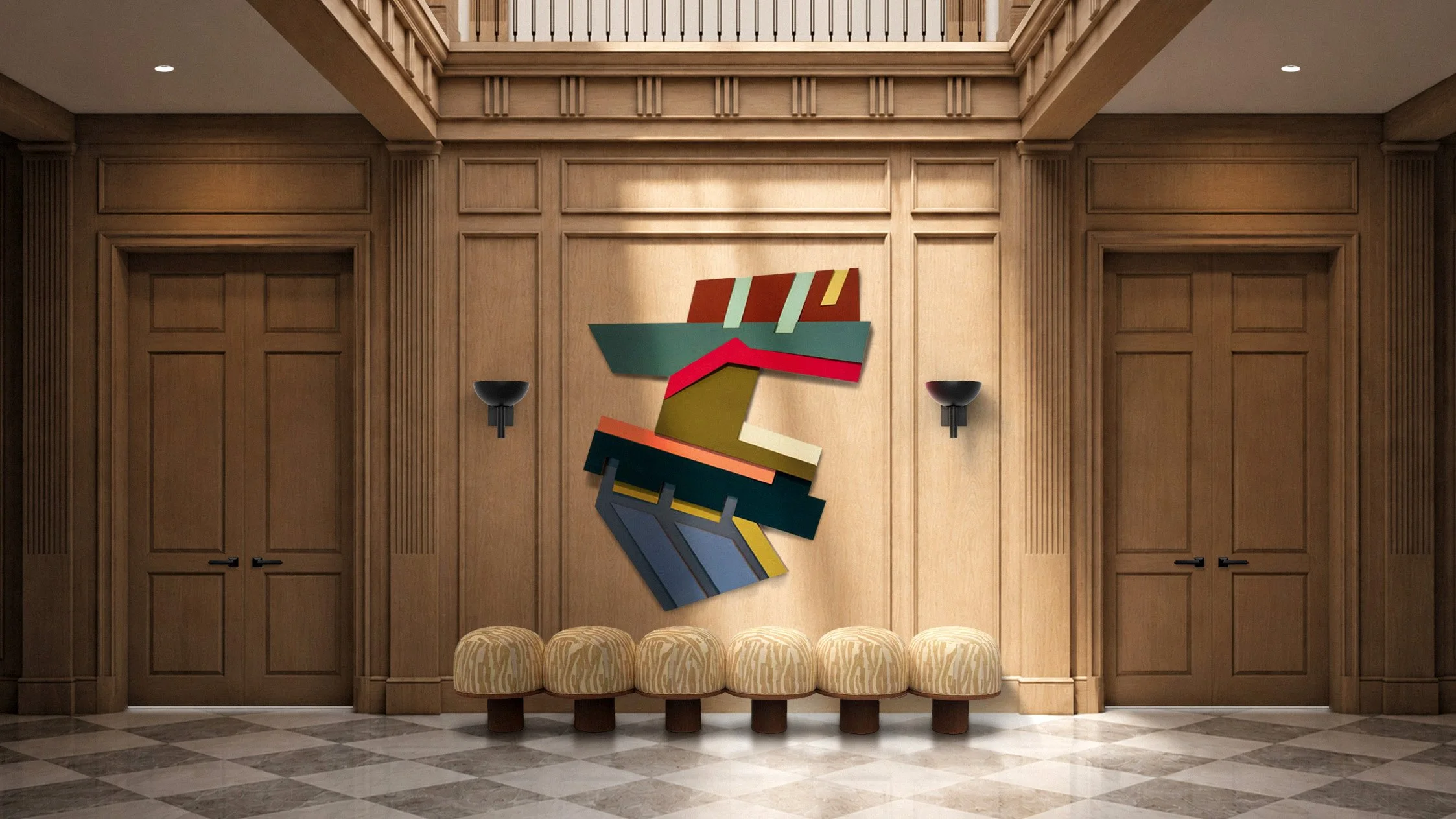 Benjamin Johnston Design Houston luxury residential architecture — formal entry way with artwork by Frank Stella