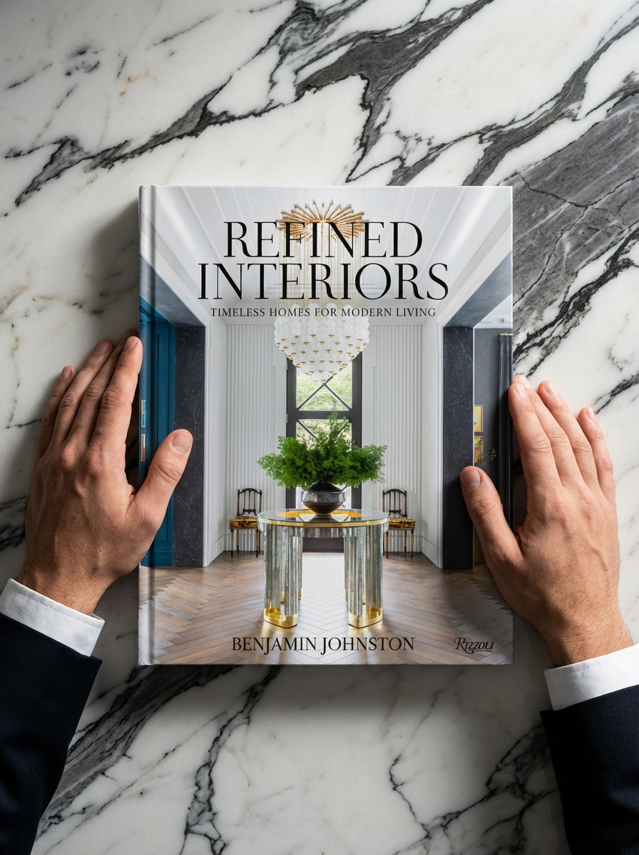 Refined Interiors Timeless Homes for Modern Living by Benjamin Johnston published by Rizzoli, interior design book held against marble surface.
