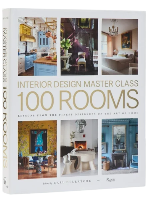 Book cover titled 'Interior Design Master Class: 100 Rooms' featuring six interior room photographs, including a kitchen, staircase hall, living room, decorated room with yellow wallpaper, fireplace area, and a blue cabinet room.
