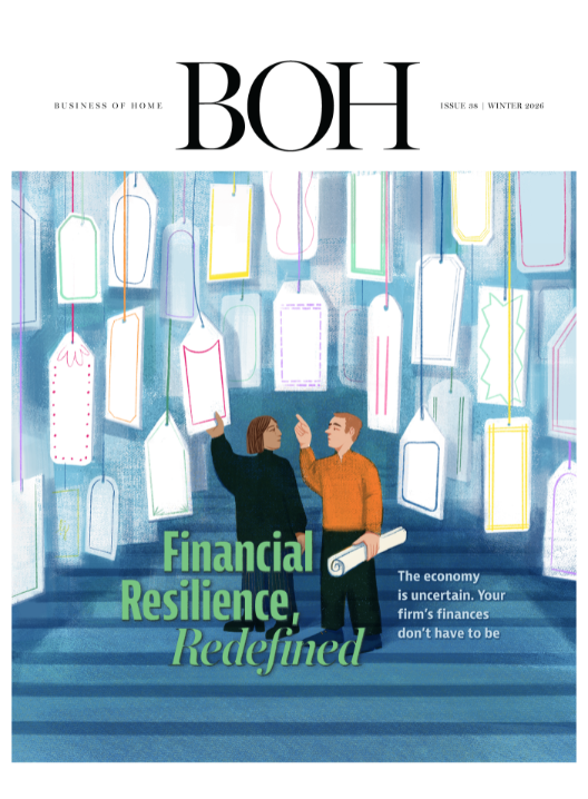 Magazine cover for Business of Home's BOH issue, Winter 2021, featuring an illustration of two people talking with hanging tags or signs above them, and the headline 'Financial Resilience, Redefined'.
