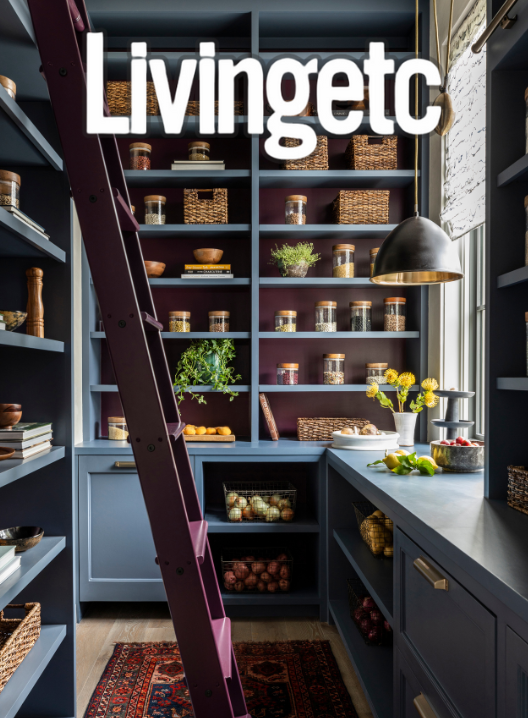 A pantry with dark blue shelves filled with glass jars, wicker baskets, and decorative items. There is a purple ladder leaning against the shelves, a pendant light hanging, and a countertop with lemons and flowers. The word 'Livingetc' appears at the top.