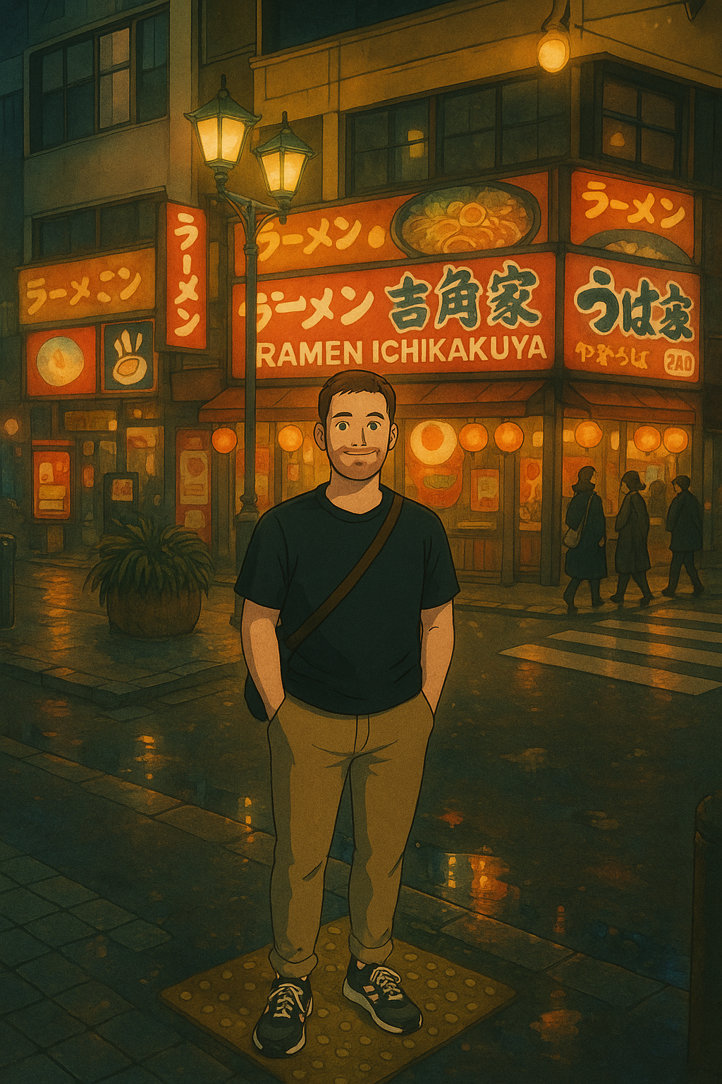 An illustration of a man standing on a city street at night, with a ramen restaurant behind him. The restaurant signage features Japanese and English text, including 'Ramen Ichikakuya'. The scene is illuminated by streetlights and lanterns, with people walking nearby.