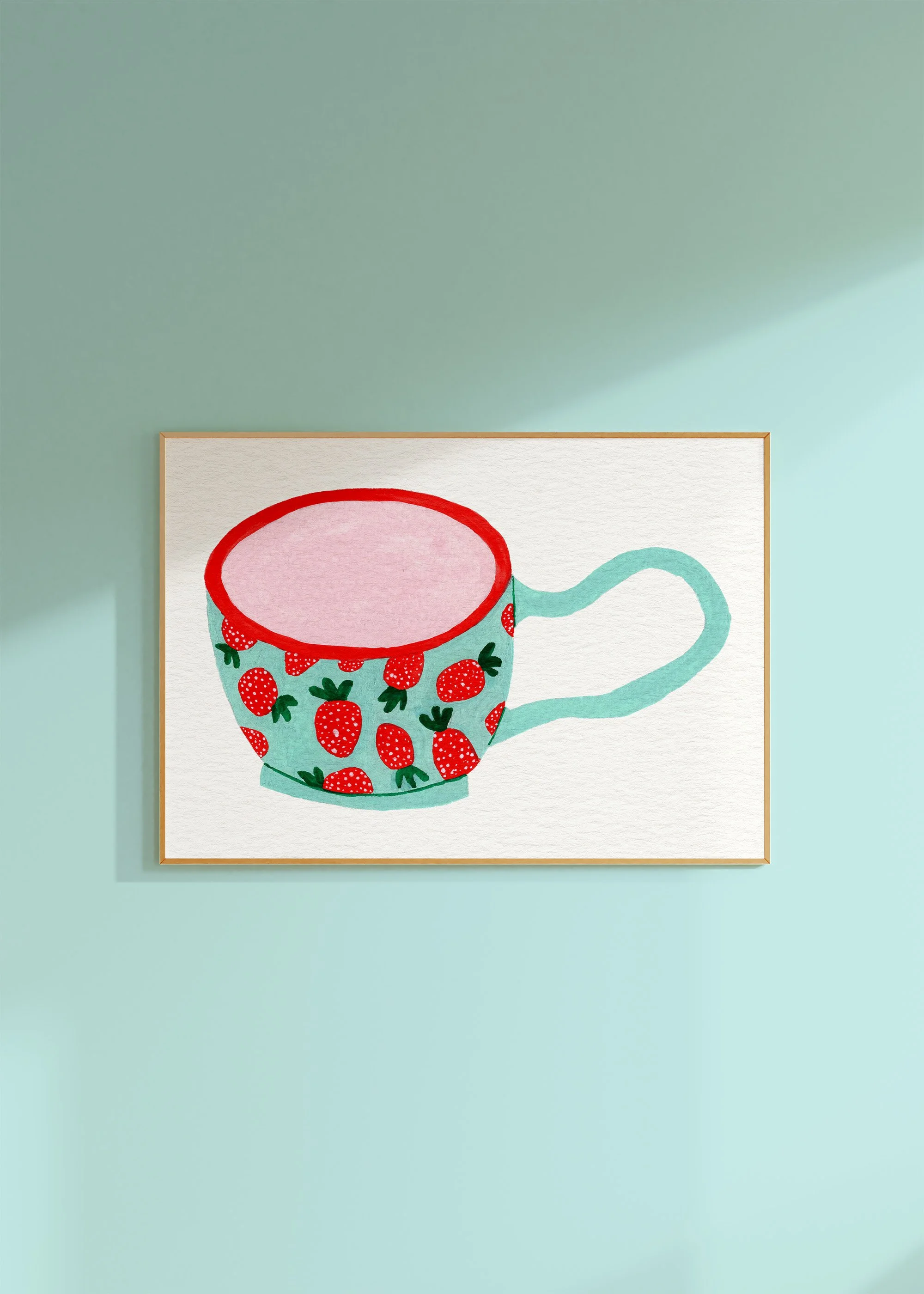 Teacup with painted strawberry design gouache illustration art print