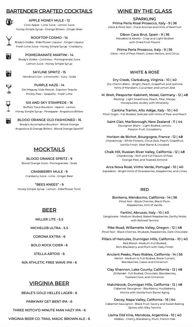 Cocktails and wine by the glass menu — crafted cocktails, mocktails, beer and wines by the glass with prices