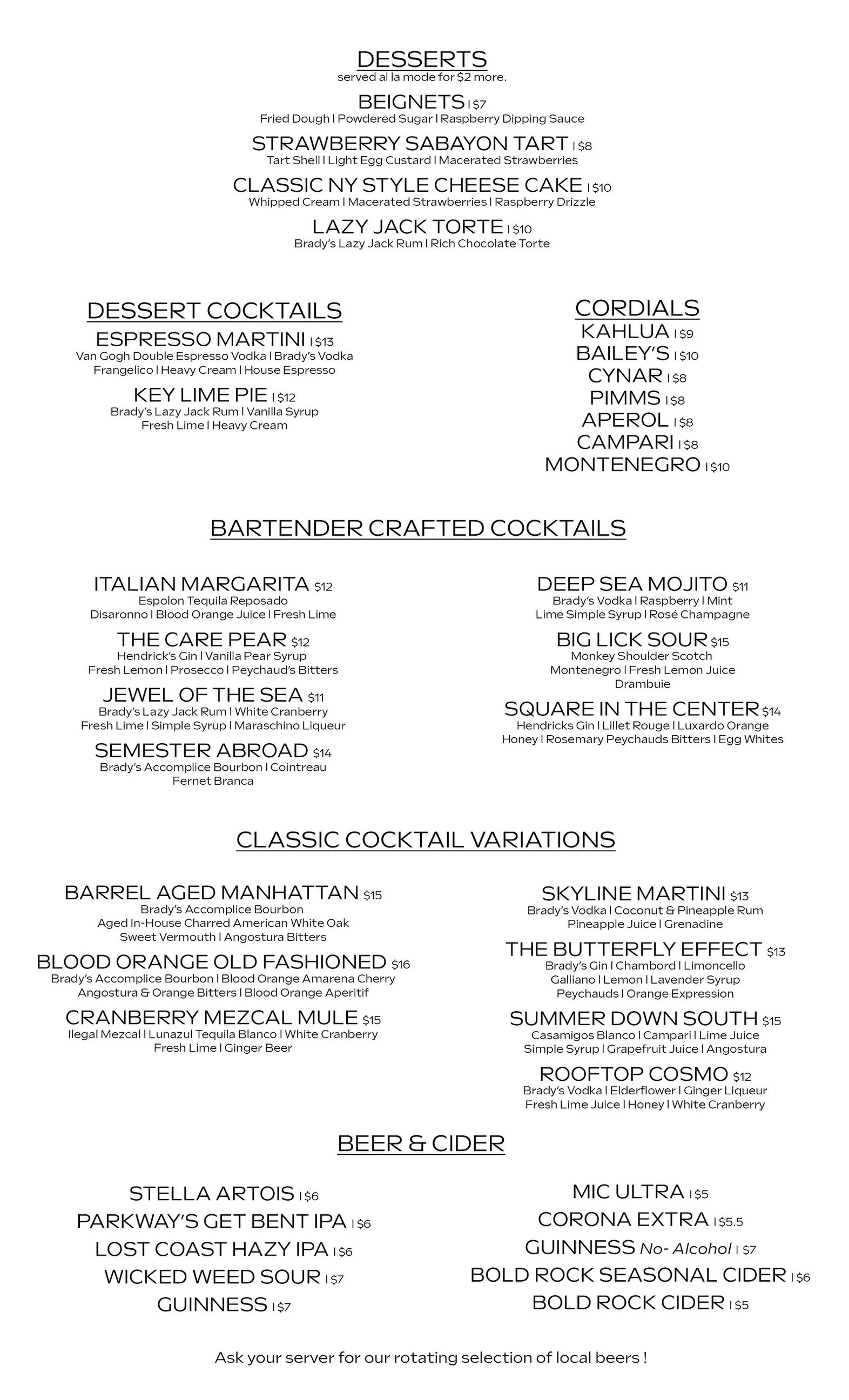 Six Roker Menu Main Menu — Six & Sky