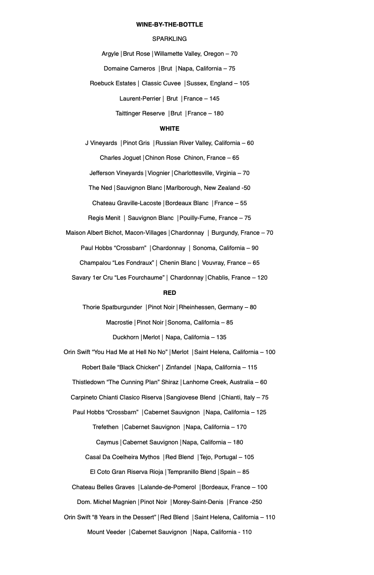 Six and Sky wine list — white and red wines by the bottle with prices