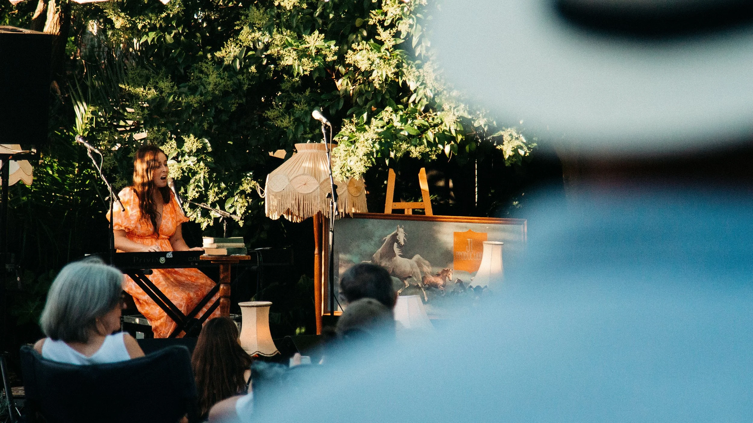 Musician entertains crowd with instrument at Secret Garden Gig.