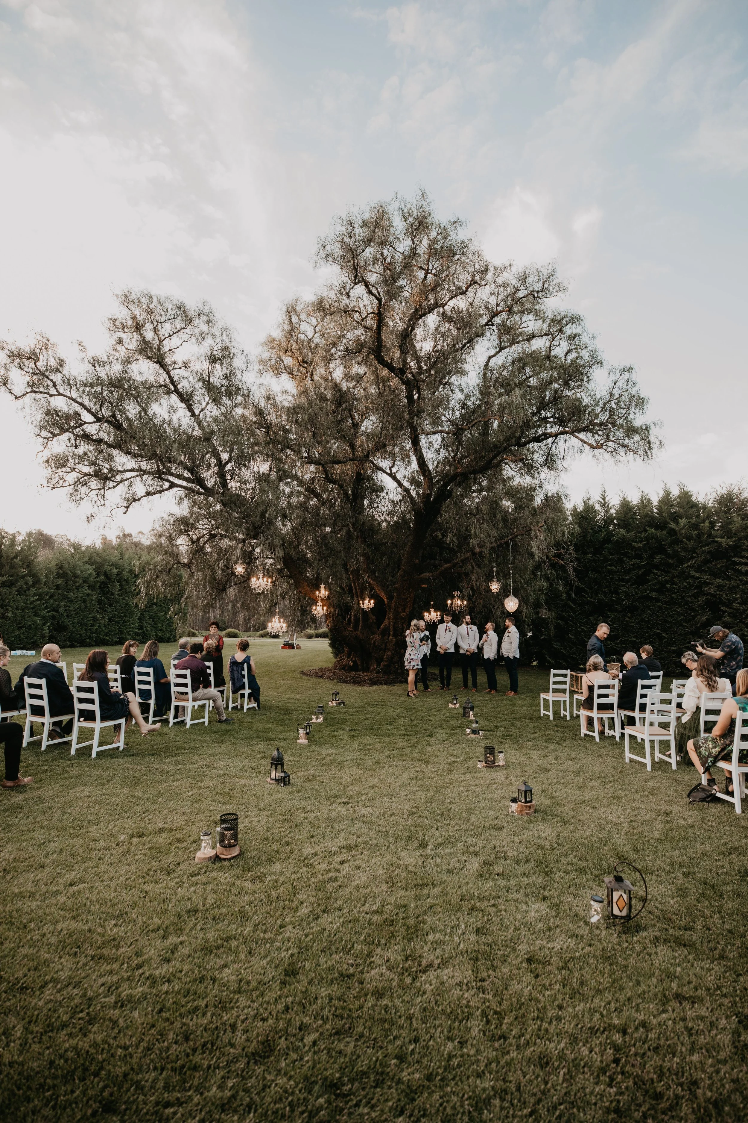 A romantic wedding ceremony taking place under a majestic oak tree.