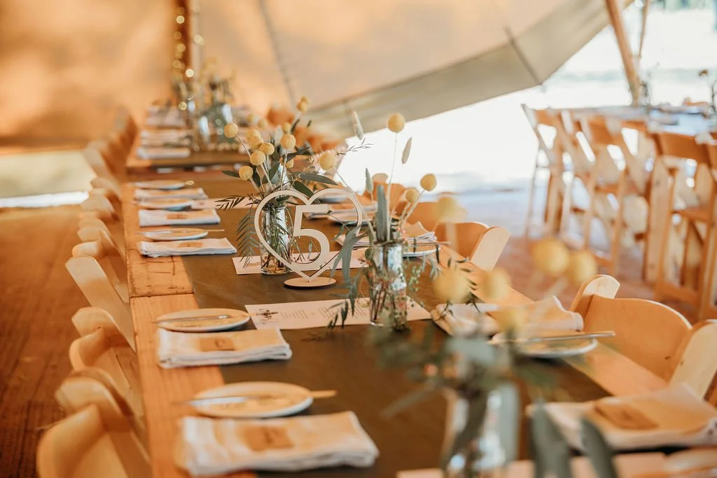 Long wedding table with place settings adorned with beautiful native flowers.
