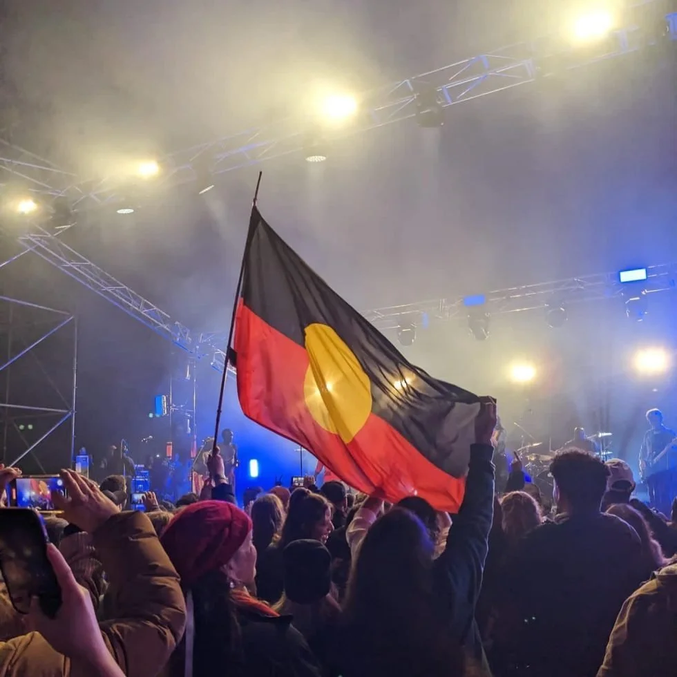 A diverse crowd proudly holds an Aboriginal flag at a concert during Treaty Day Out.