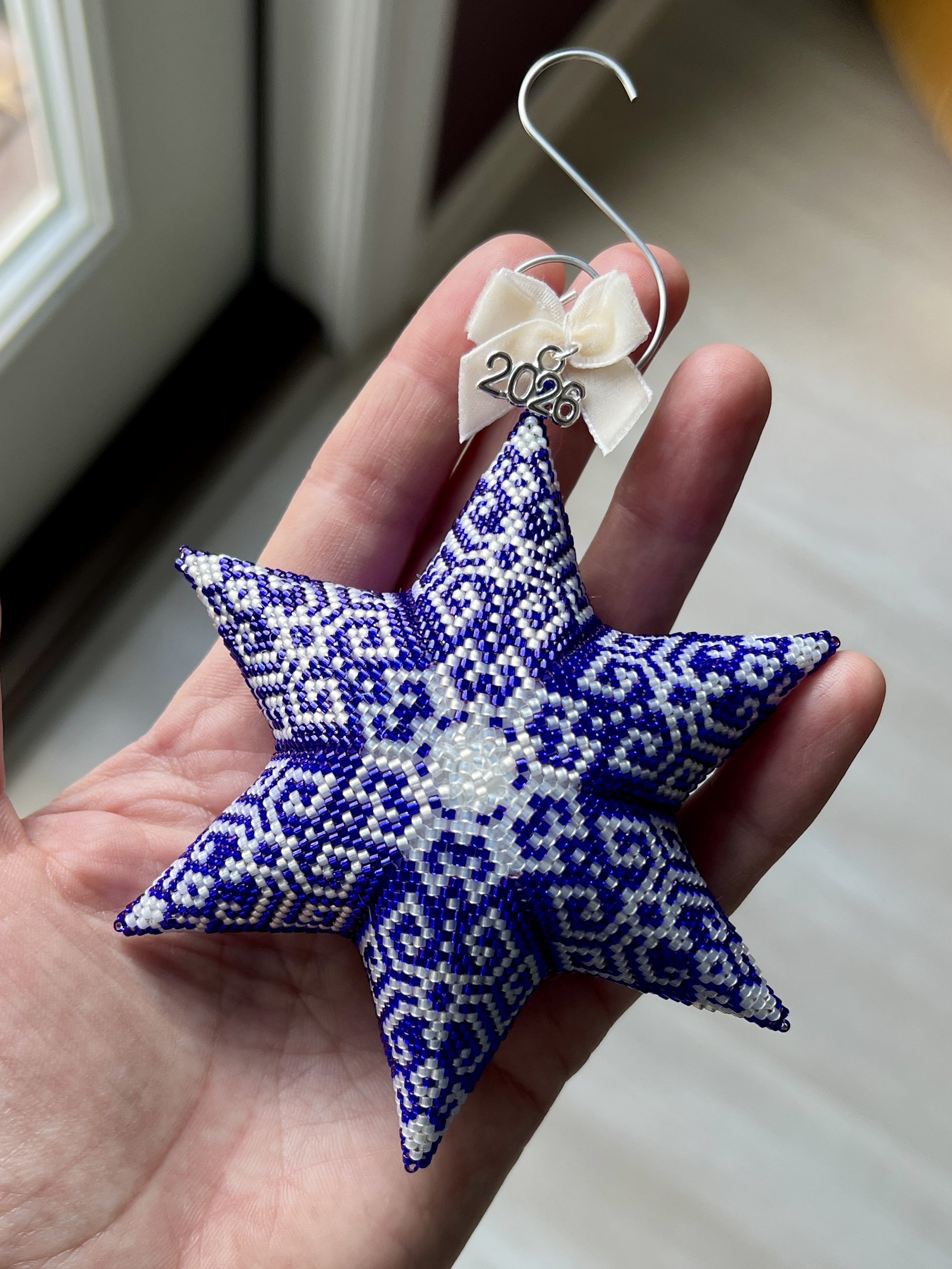 2026 Heirloom Beaded Star Ornament — Cobalt Snowflake · Six Point