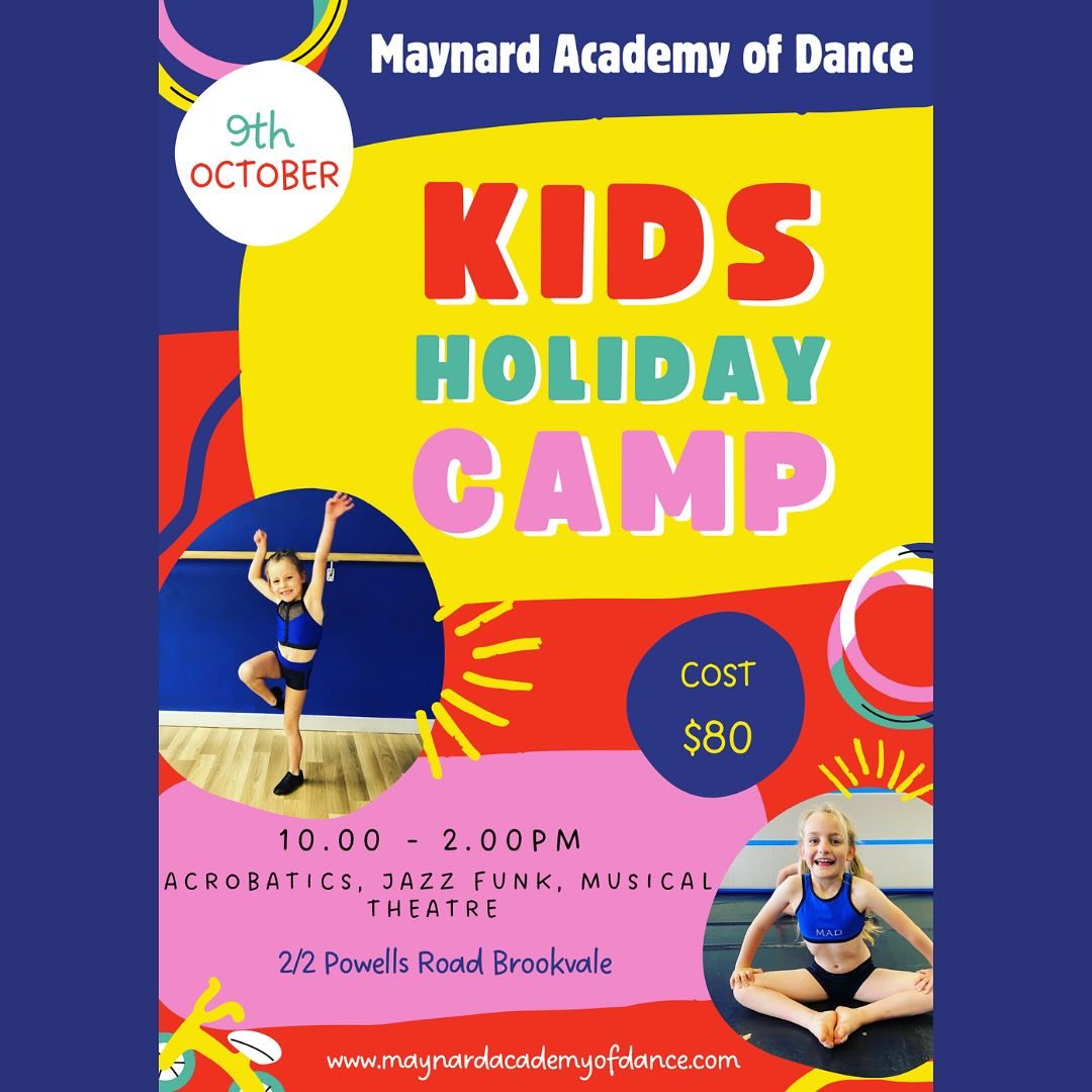 Kids Dance Holiday Workshop! 🥳 

When: 9th October
Time: 10.00-2.00pm 
Ages: 5-7.5yrs 
Cost: $80 

Acrobatics, Jazz Funk, Musical Theatre &amp; lots of fun and games!! 

Limited spots, bookings essential! 

Email: charlymaynard@me.com 
Ph: 040387005