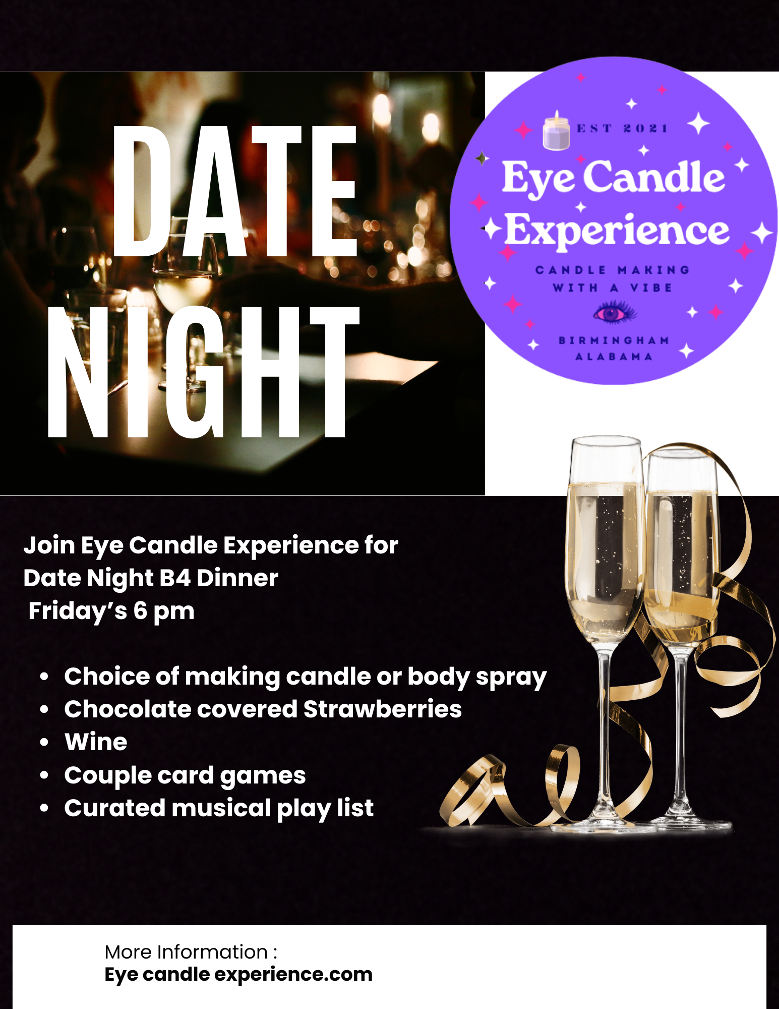 Flyer for Eye Candle Experience's date night event featuring candle making, chocolate-covered strawberries, wine, card games, and music, with a background of champagne glasses and a purple circular logo.