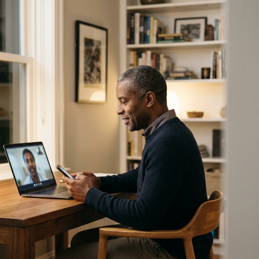 A man sitting at a wooden table, smiling and looking at his phone while on a video call with another man visible on his laptop screen in a cozy, well-lit room with bookshelves and framed pictures.