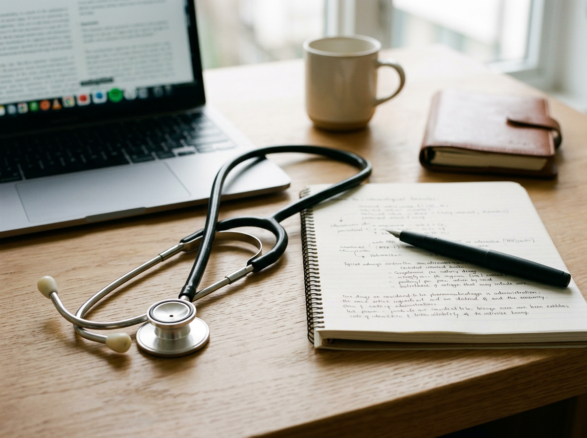 Medical stethoscope, notebook with notes, pen, open laptop, coffee mug, and closed notebook on a wooden desk near a window.