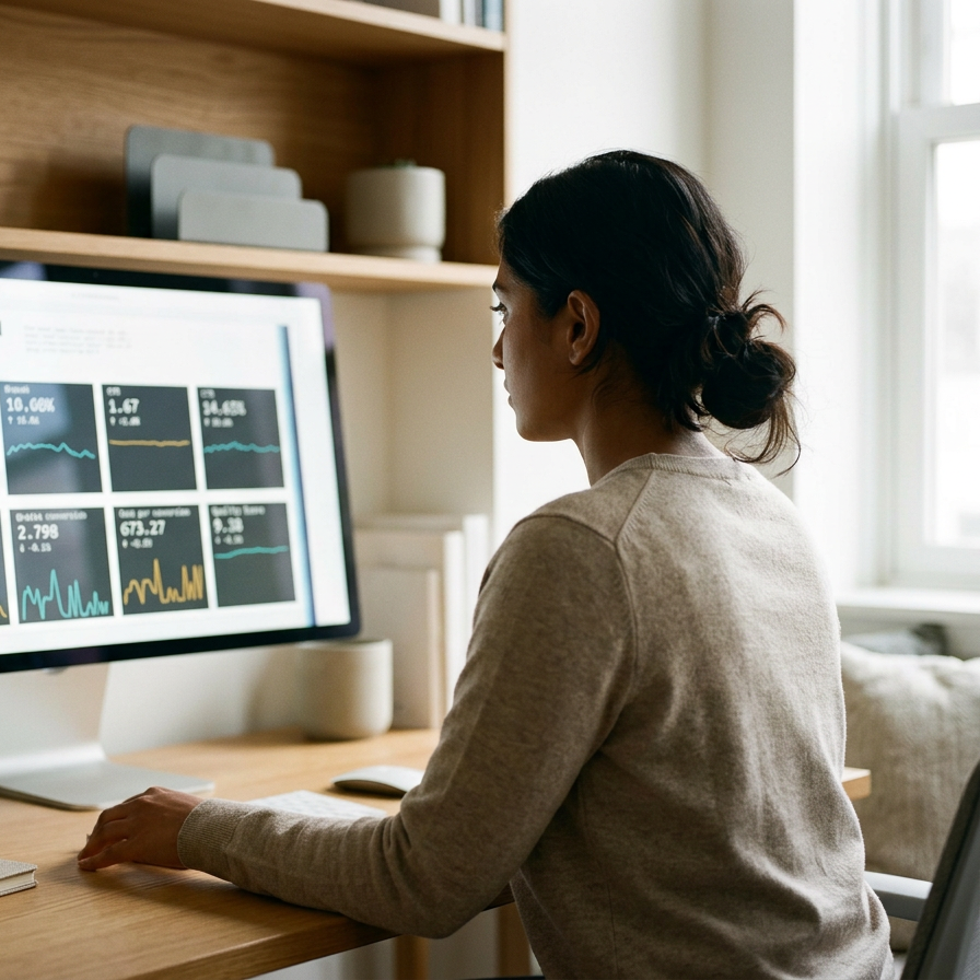 Woman working at a desk with a computer displaying financial charts.