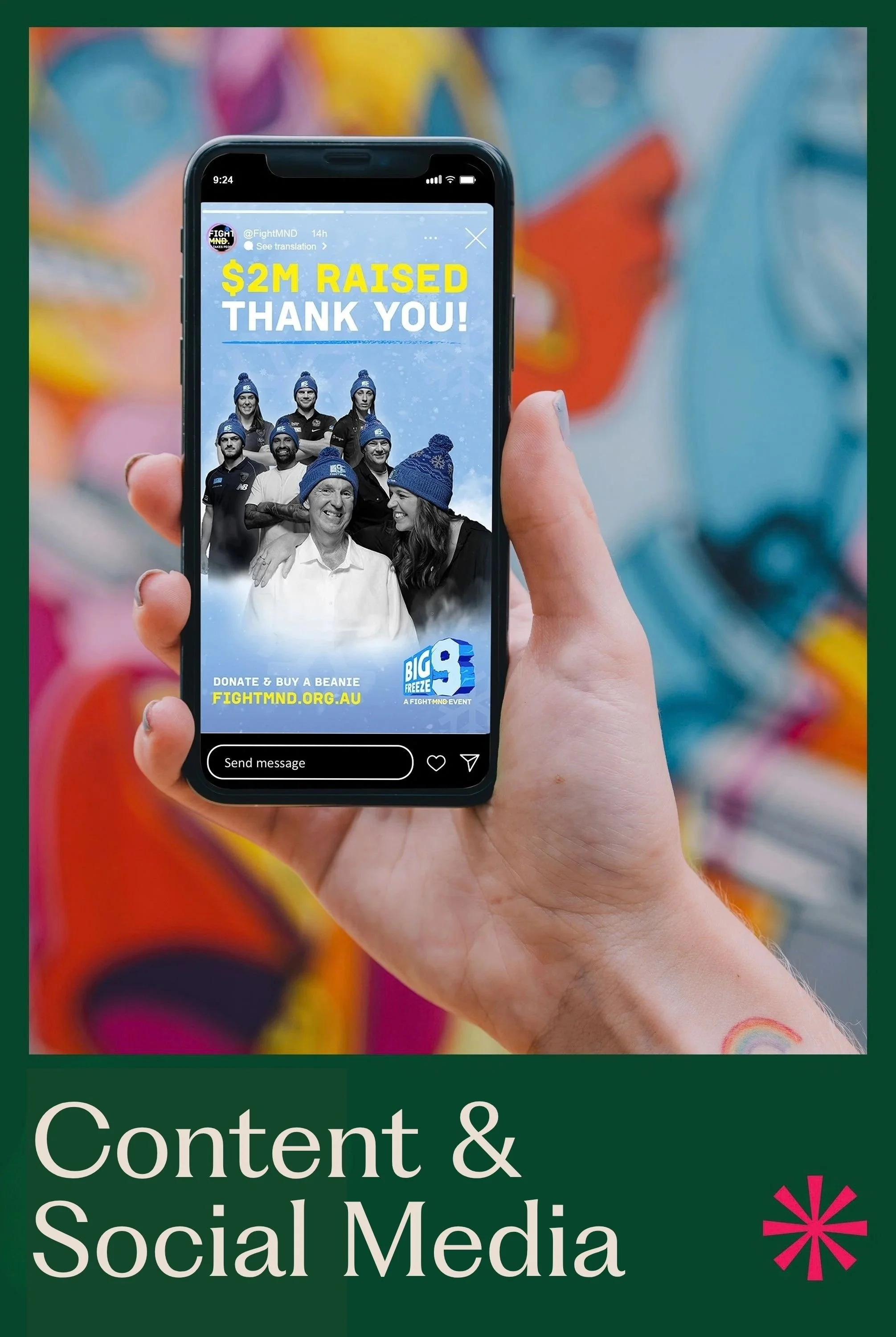 Content & Social Media: Hand holding a phone showing a $2M raised thank-you post from FightMND's Big Freeze campaign, social media content by Arize