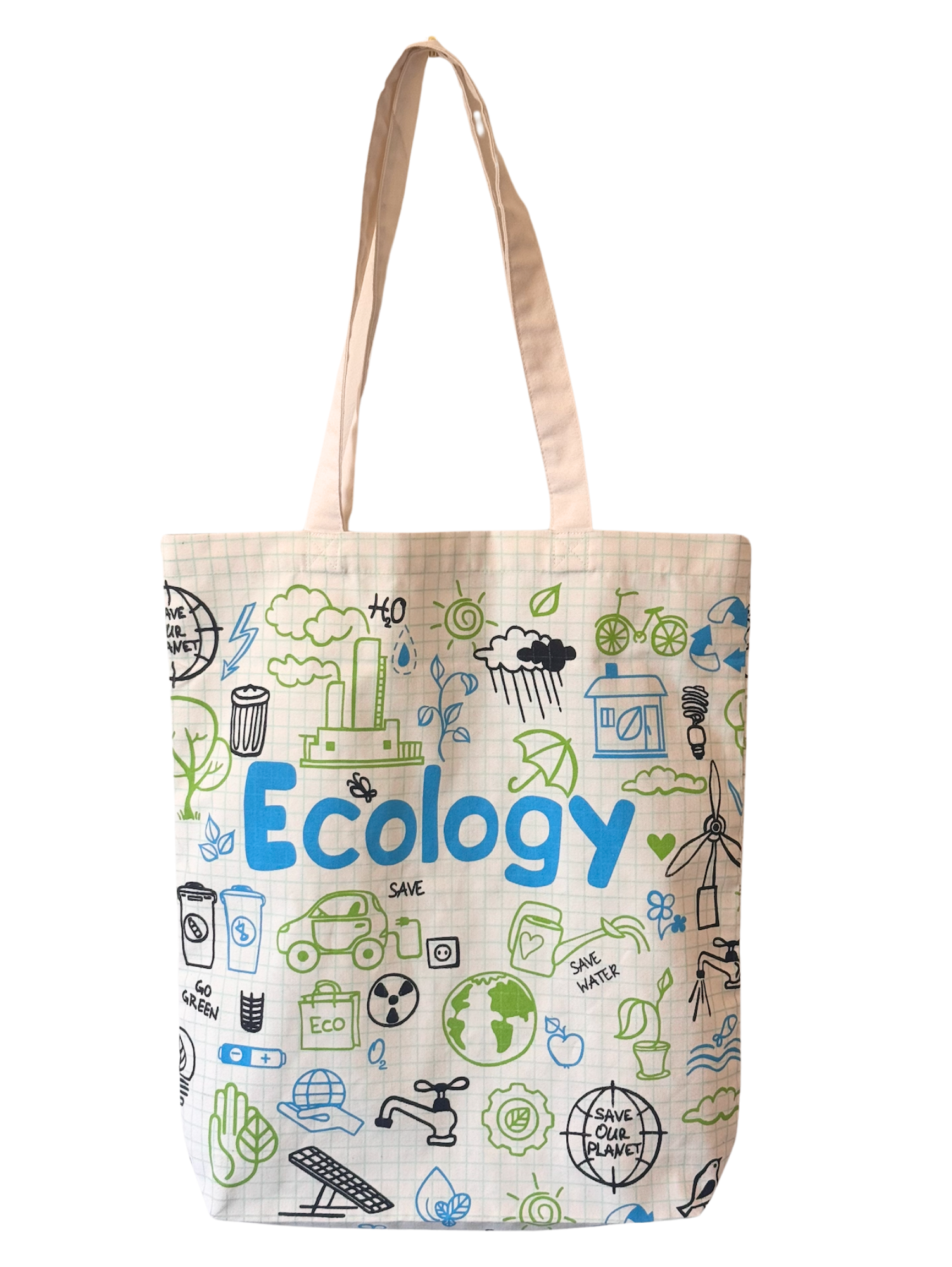 Eco-friendly tote bag with illustrations of ecological symbols like trees, recycling, renewable energy, and the word 'Ecology' in large blue letters.