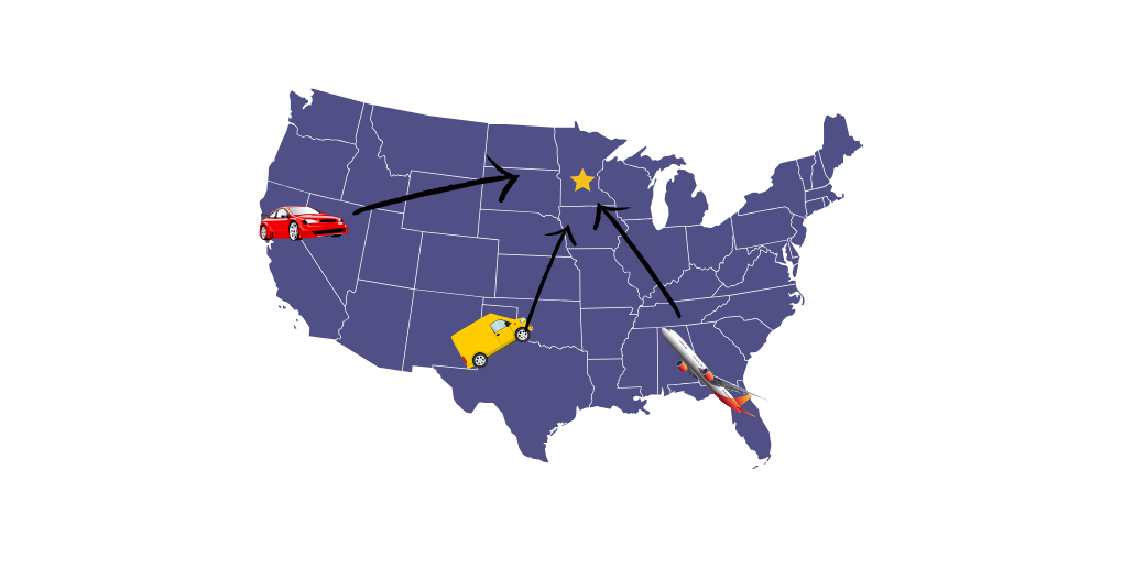United States map with three cars traveling from California, Texas, and Florida toward to a star in the Midwest.