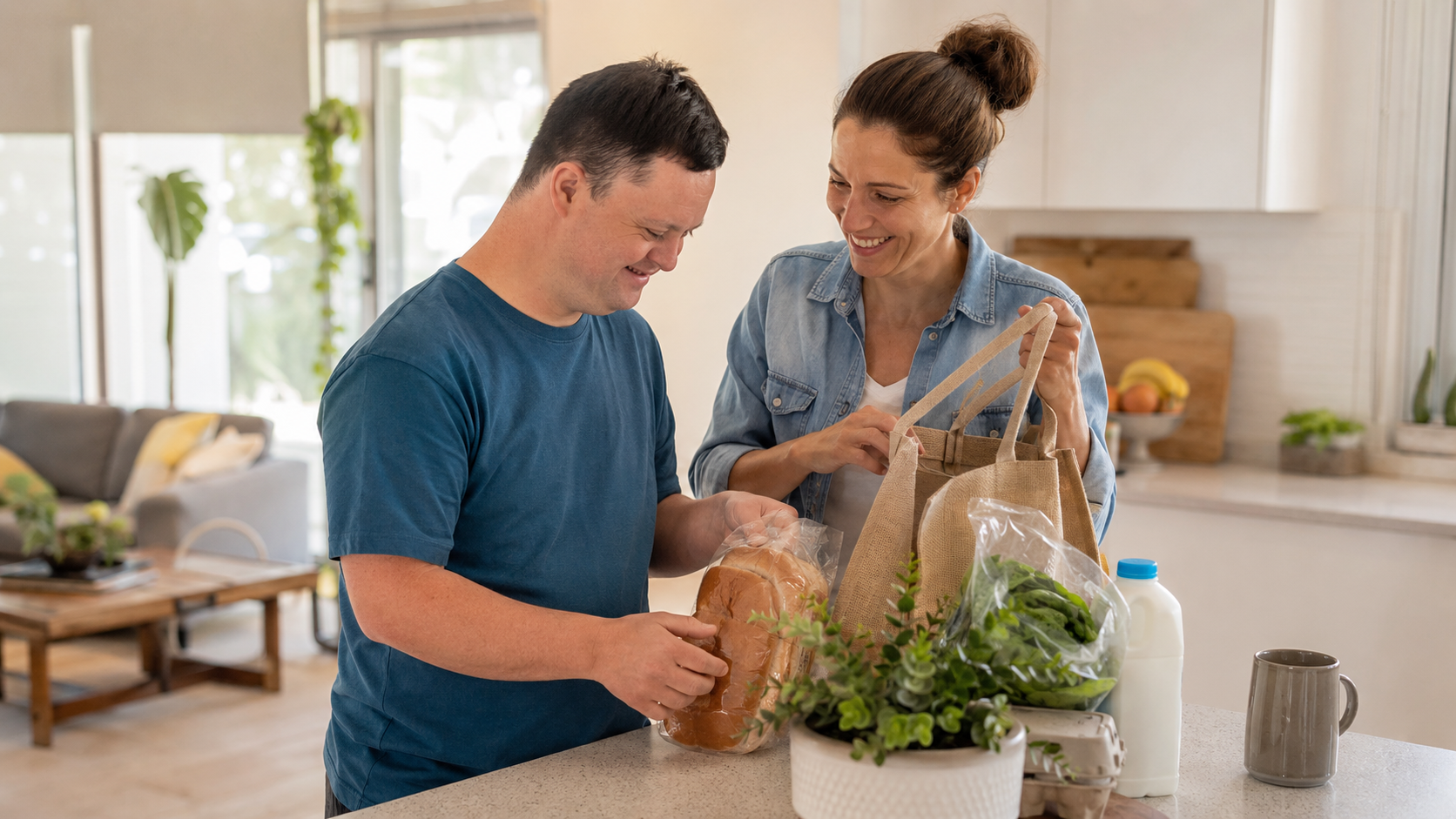 Photo of a support worker assisting unpack groceries.