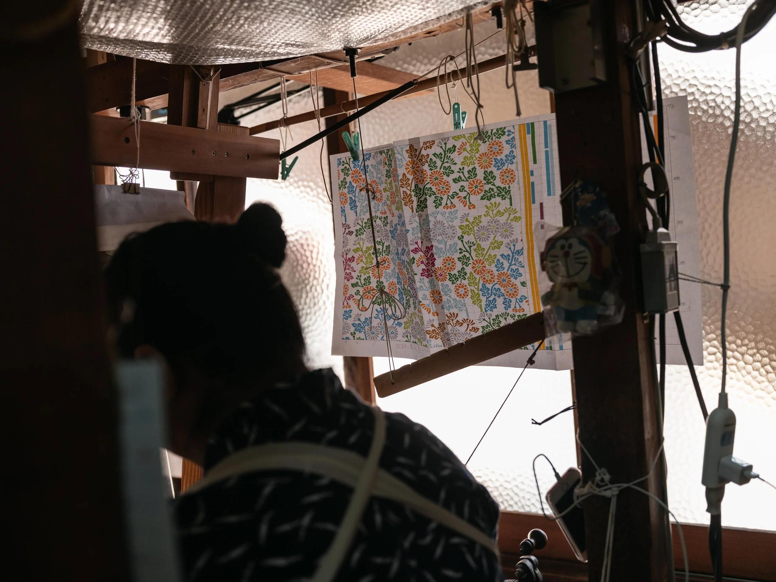 An employee works at a loom in a workshop producing costumes for Noh theatre.