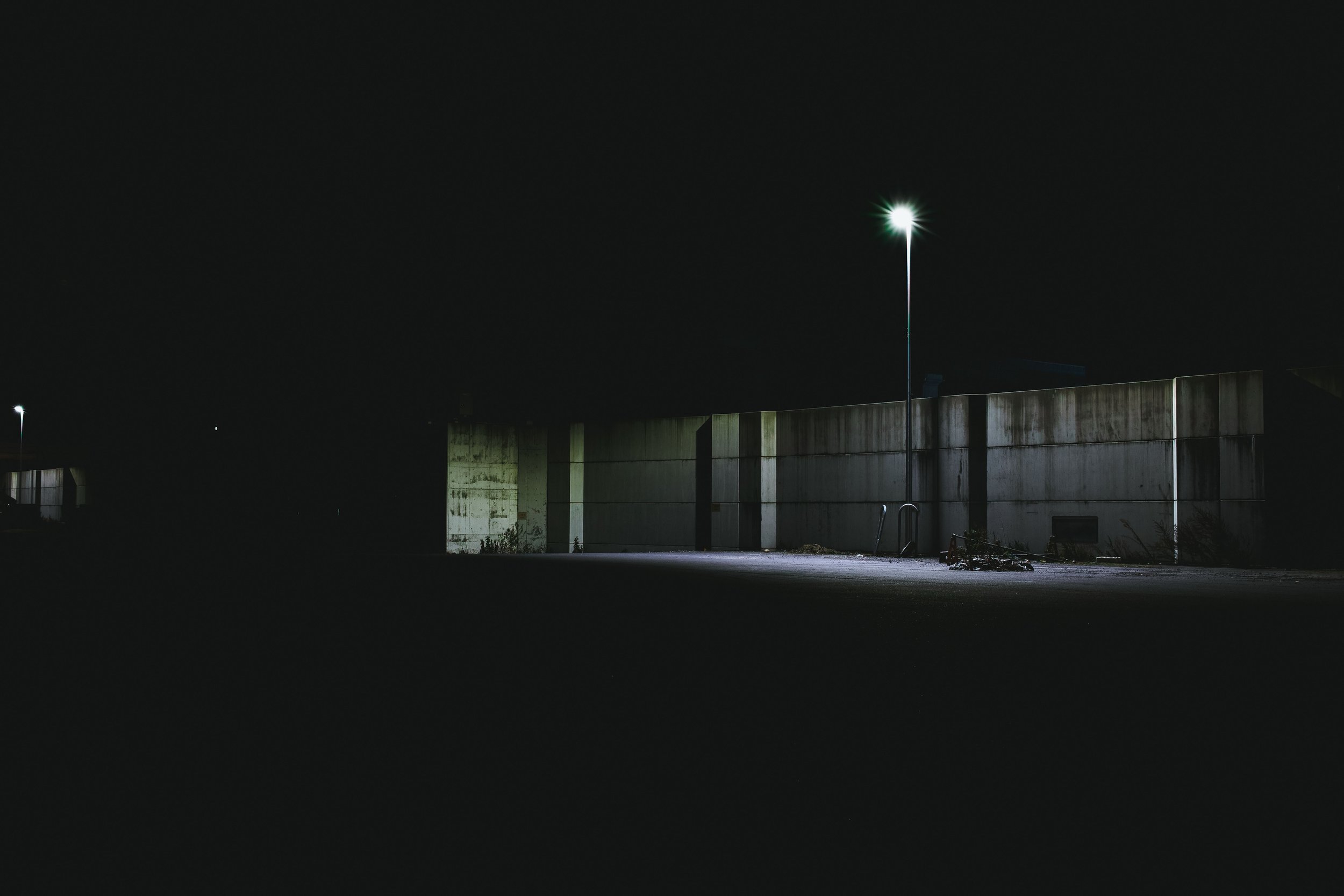 Sea wall is lit at night in Kesennuma harbor, Miyagi, Japan.