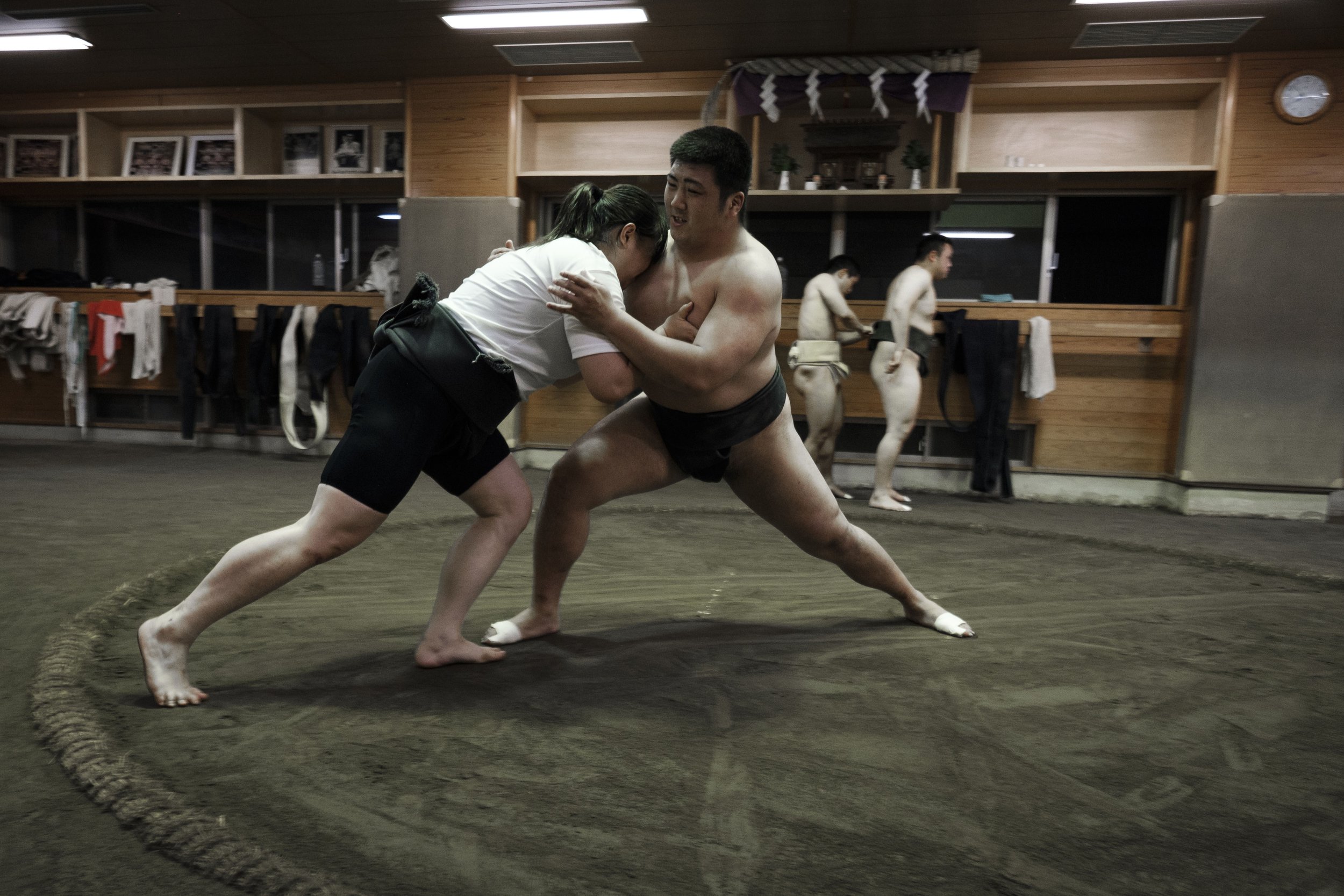 Sena practices her push with a sumo male of the same club during a night training at the university stable.