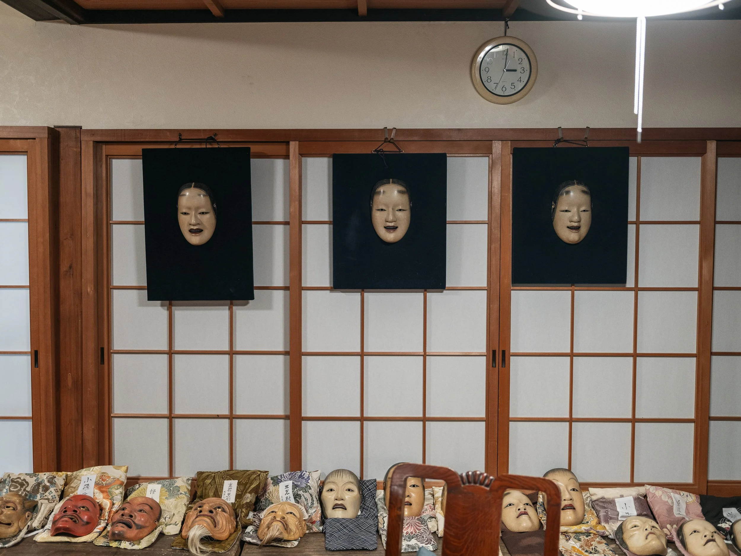 Noh mask master sculptor Ohtsuki Koukun in his workshop in Kyoto.