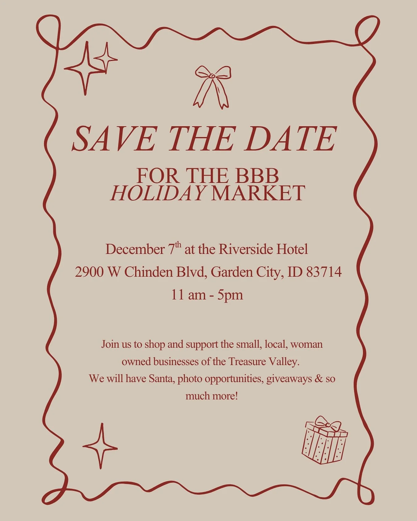 GET EXCITED!!!!! We&rsquo;re back for our third annual Holiday Market at the Riverside Hotel! Join us to shop over 50 local makers. Per usual, all women, all locally owned 🎄this year we will have Santa, a photo station and more!! Stay tuned and save