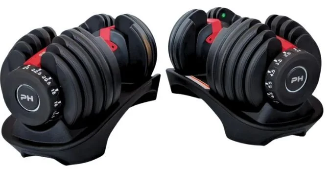 Verstelbare dumbbells van Bowflex voor progressieve overbelasting.