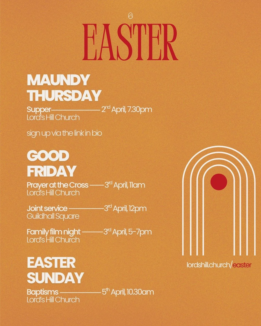 This Holy Week we would love to encourage you to engage in the Easter story across 3 days at Lord's Hill.

Join us for prayer and reflection on Maundy Thursday and Good Friday, leading to Easter Sunday, where we&rsquo;ll celebrate 8 lives transformed