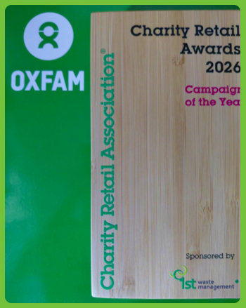 Certificate plaque for the 2026 Charity Retail Awards sponsored by 1st Waste Management, presented by Oxfam.