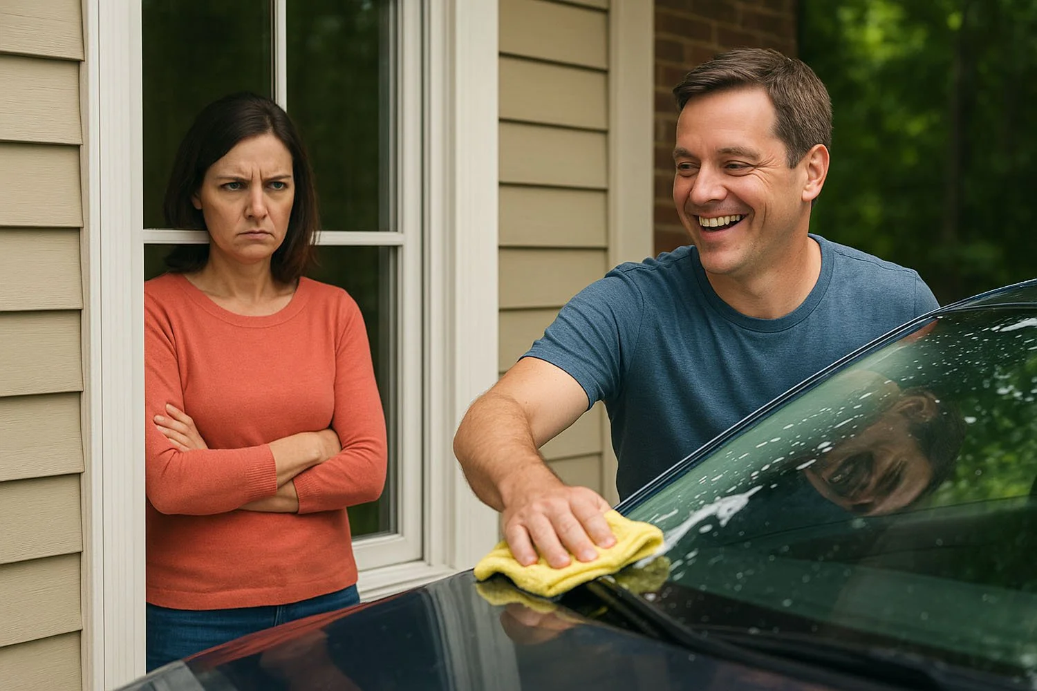 Wife with arms crossed resentfully looking at husband who is joyfully oblivious washing car