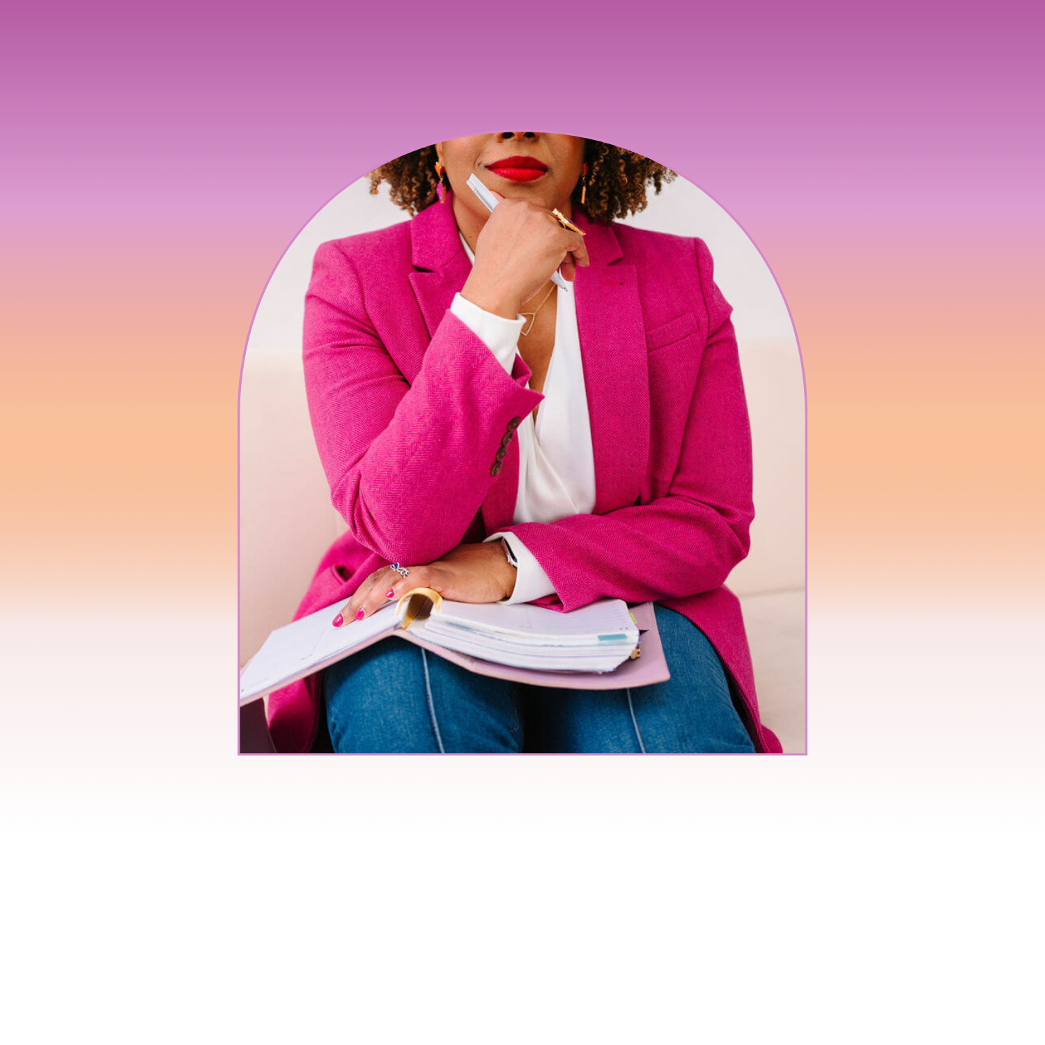 Dr. Greenlee sitting, wearing a bright pink blazer, white shirt, and blue jeans, holding a pen near her chin and a notebook on her lap thinking about ways to improve women's mental healthcare.