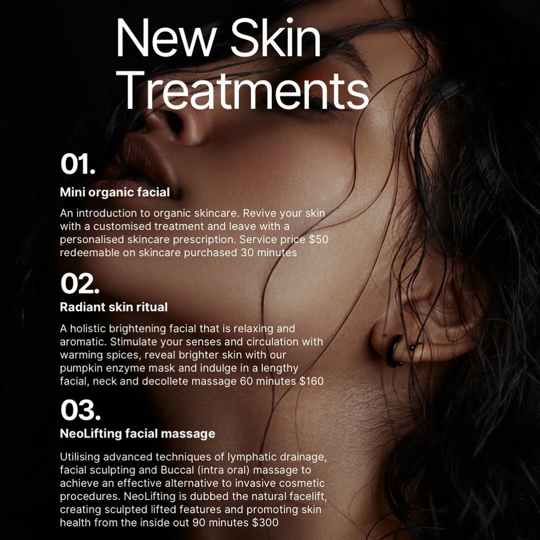 Introducing our new skin menu 🤎

We will be having some offers over the coming month to introduce you to our new treatments
Starting with the Mini Facial 🫧 
Try the @wildcraftedorganicsskin range with just a $50 commitment, redeemable on skincare p