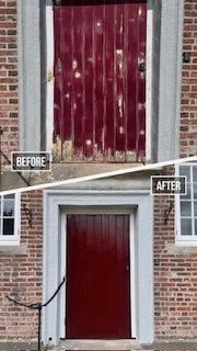 Split image showing a "before" and "after" of a red door on a brick building. The "before" shows a worn and damaged door, while the "after" shows a freshly painted, restored door.
